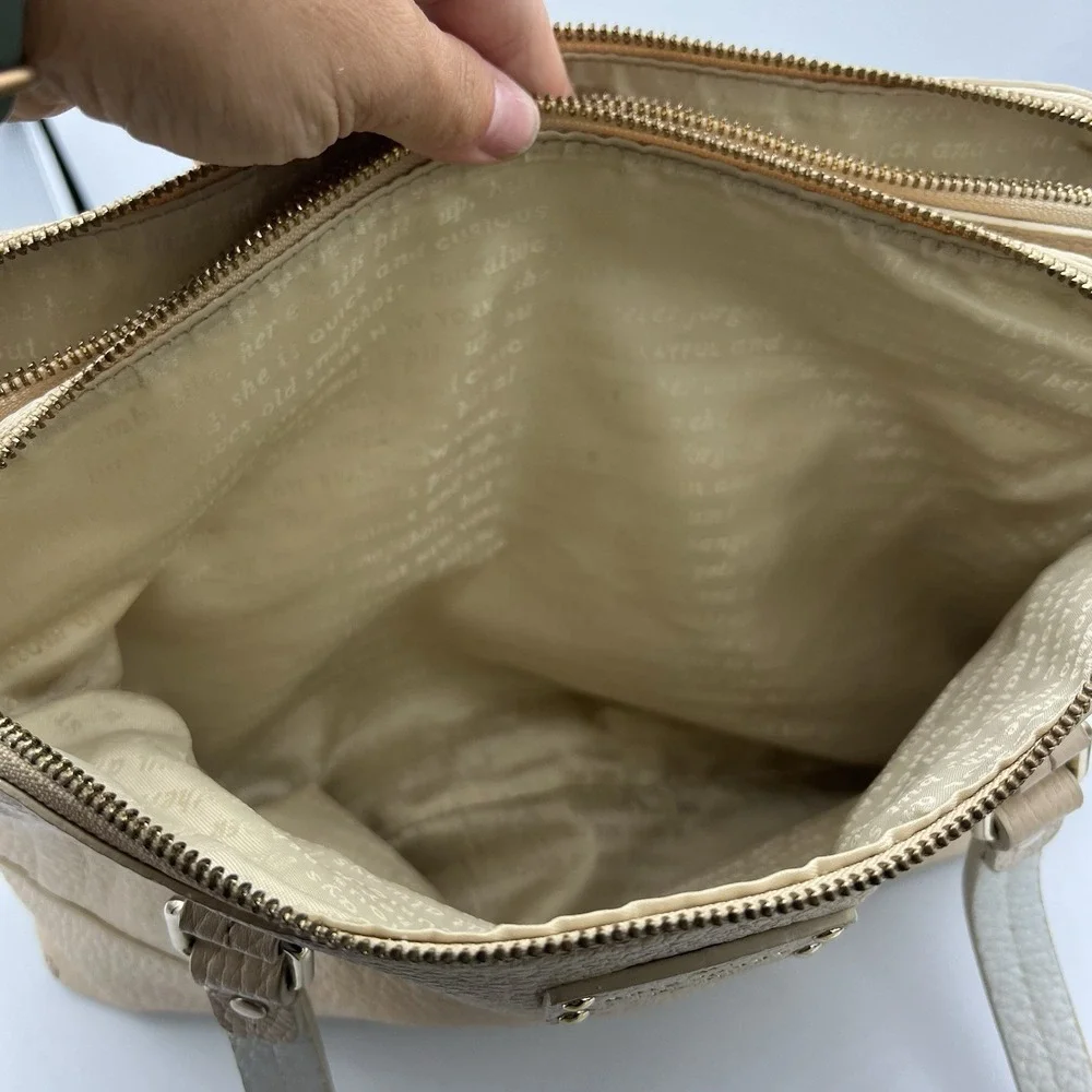 Kate Spade Pebbled‎ Leather Satchel Tote Bag Beige Zip Top Shoulder Purse